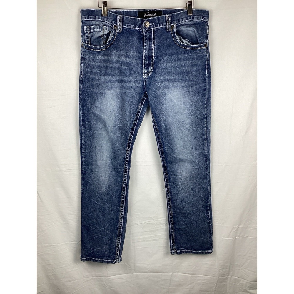 True Luck Dark Wash Blue Jeans Men's 36 x 32 Whiskering Fade Contrast Stitch